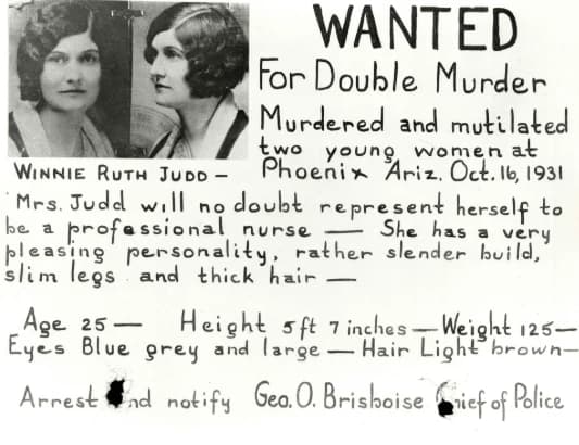 Cartel de búsqueda de 1931 de Winnie Ruth Judd, emitido tras los asesinatos en Phoenix