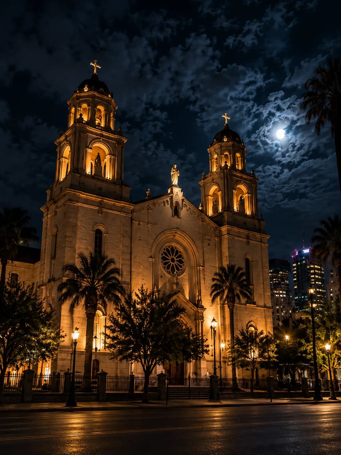 St. Mary's Basilica lit up under a full moon in downtown Phoenix