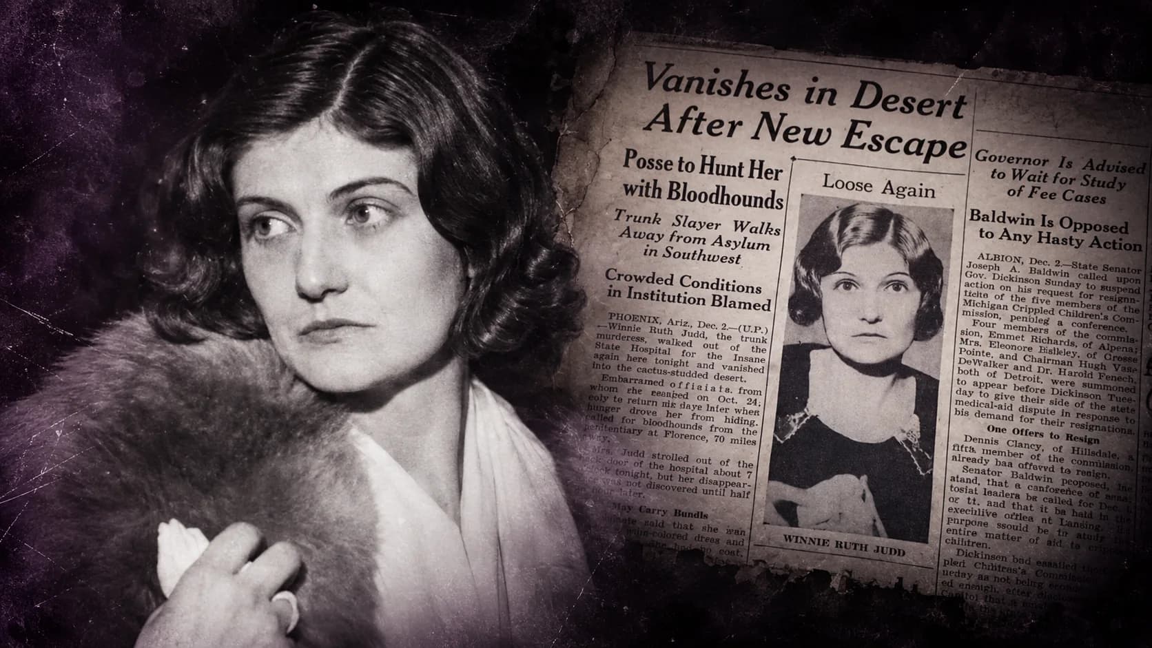 Winnie Ruth Judd junto a una portada de periódico de 1931 sobre su fuga