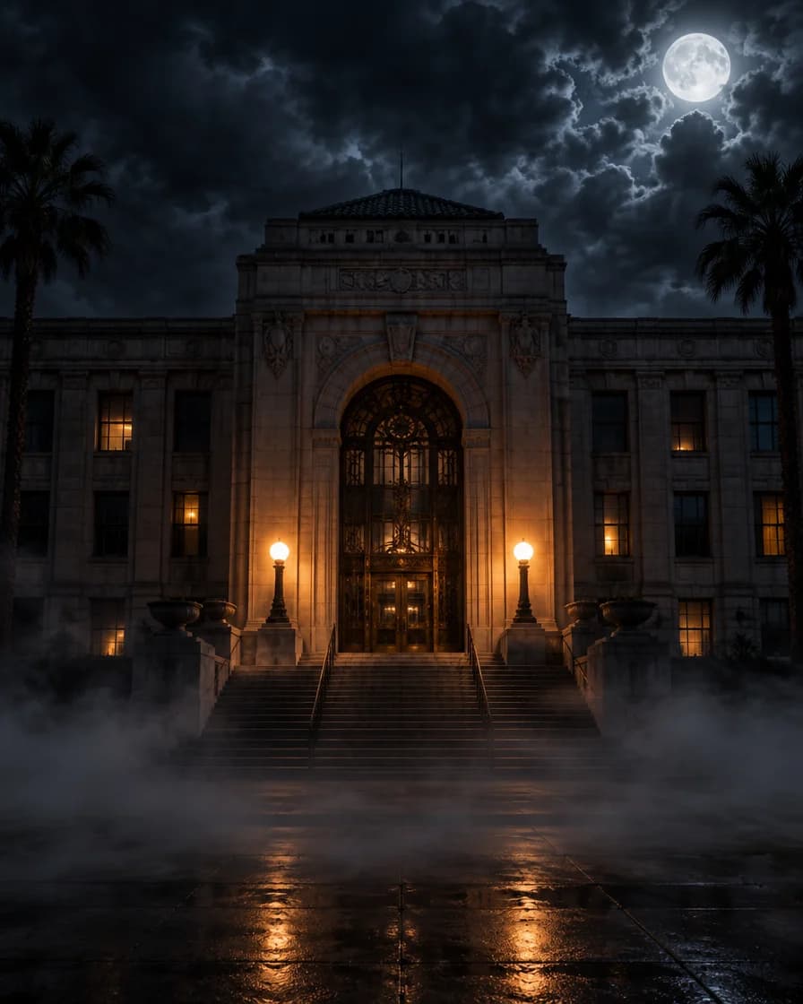 Illustration of a historic Phoenix courthouse at night, lit against a storm sky with fog across the steps