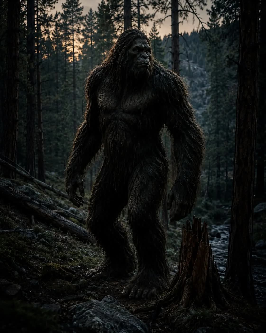 El Monstruo de Mogollon, una figura bípeda alta y peluda, entre los pinos de las tierras altas de Arizona al anochecer