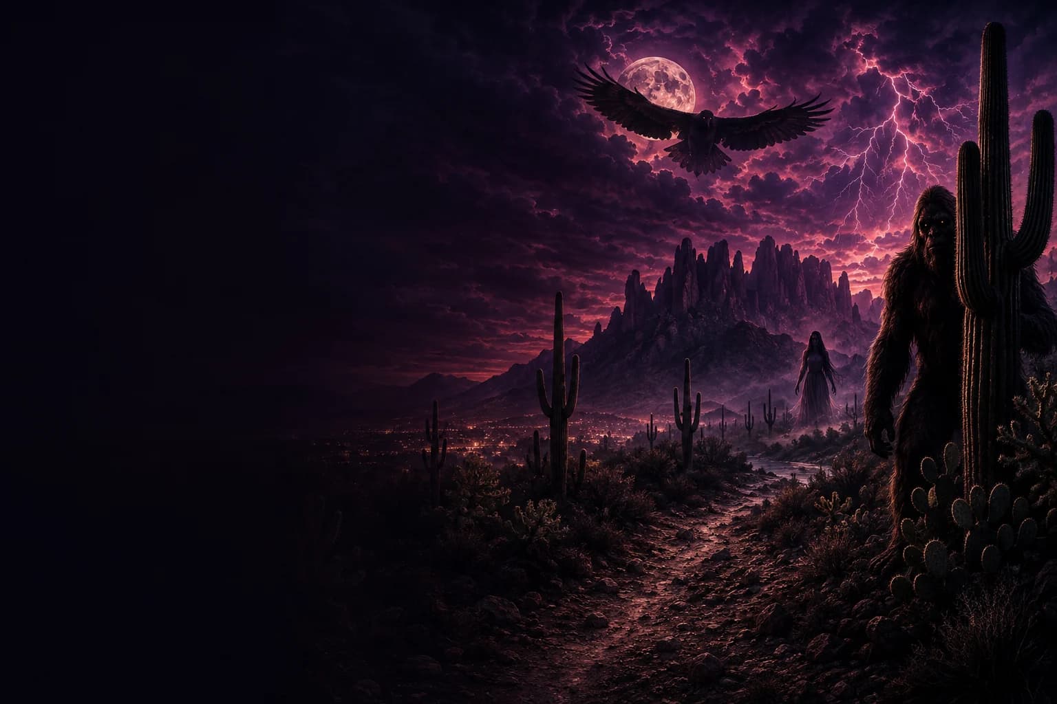 El Thunderbird, La Llorona y el Monstruo de Mogollon juntos sobre las Superstition Mountains de noche