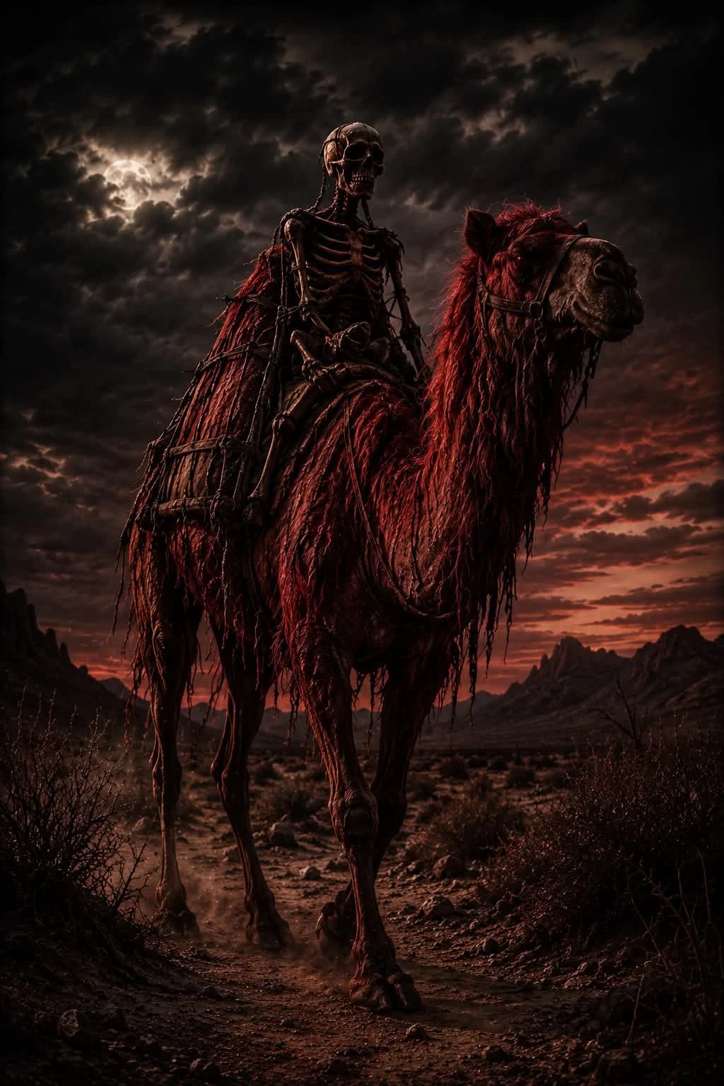Ilustración del Red Ghost, un jinete esquelético atado a un camello rojo