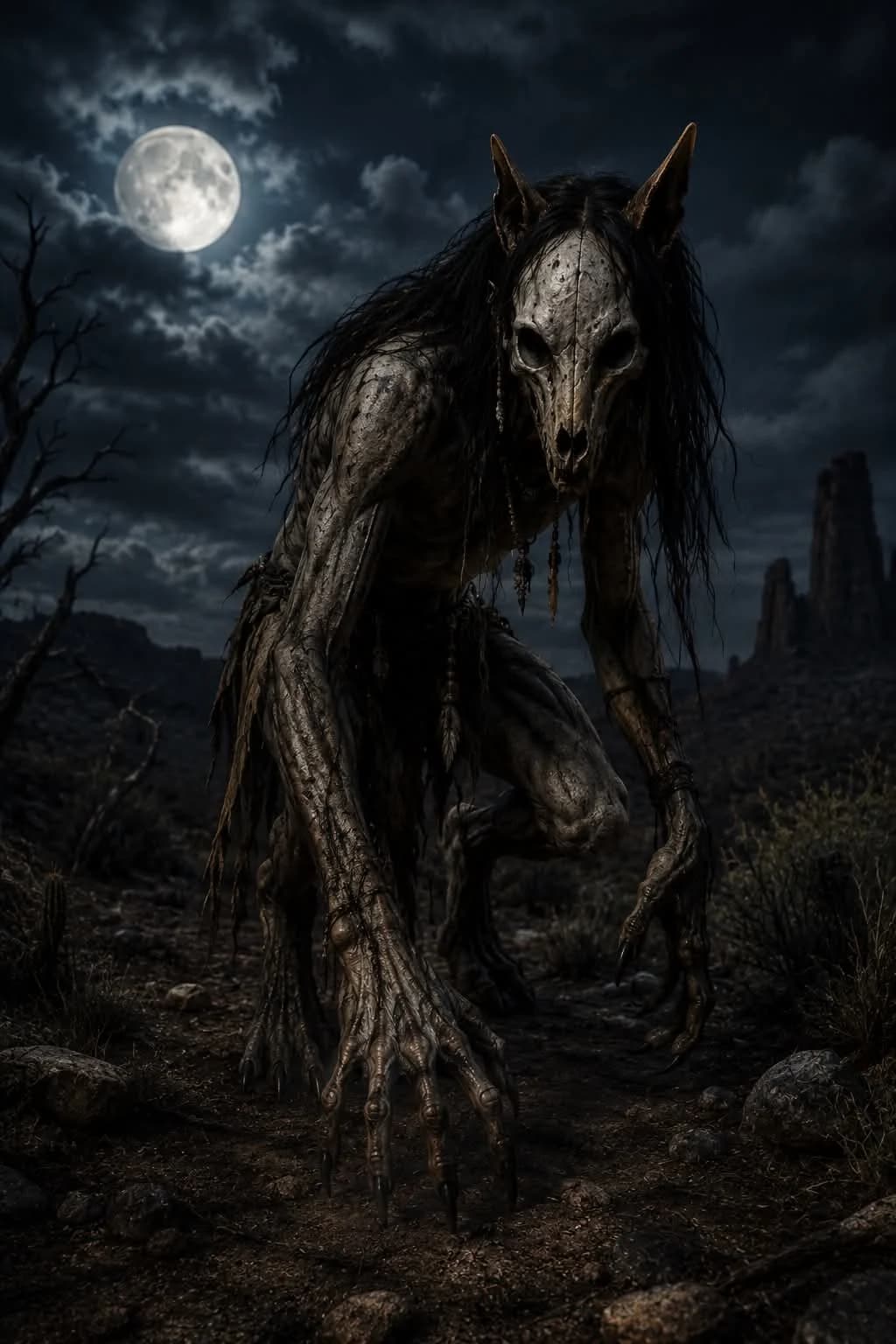 Ilustración de un skinwalker en el desierto de Arizona a la luz de la luna