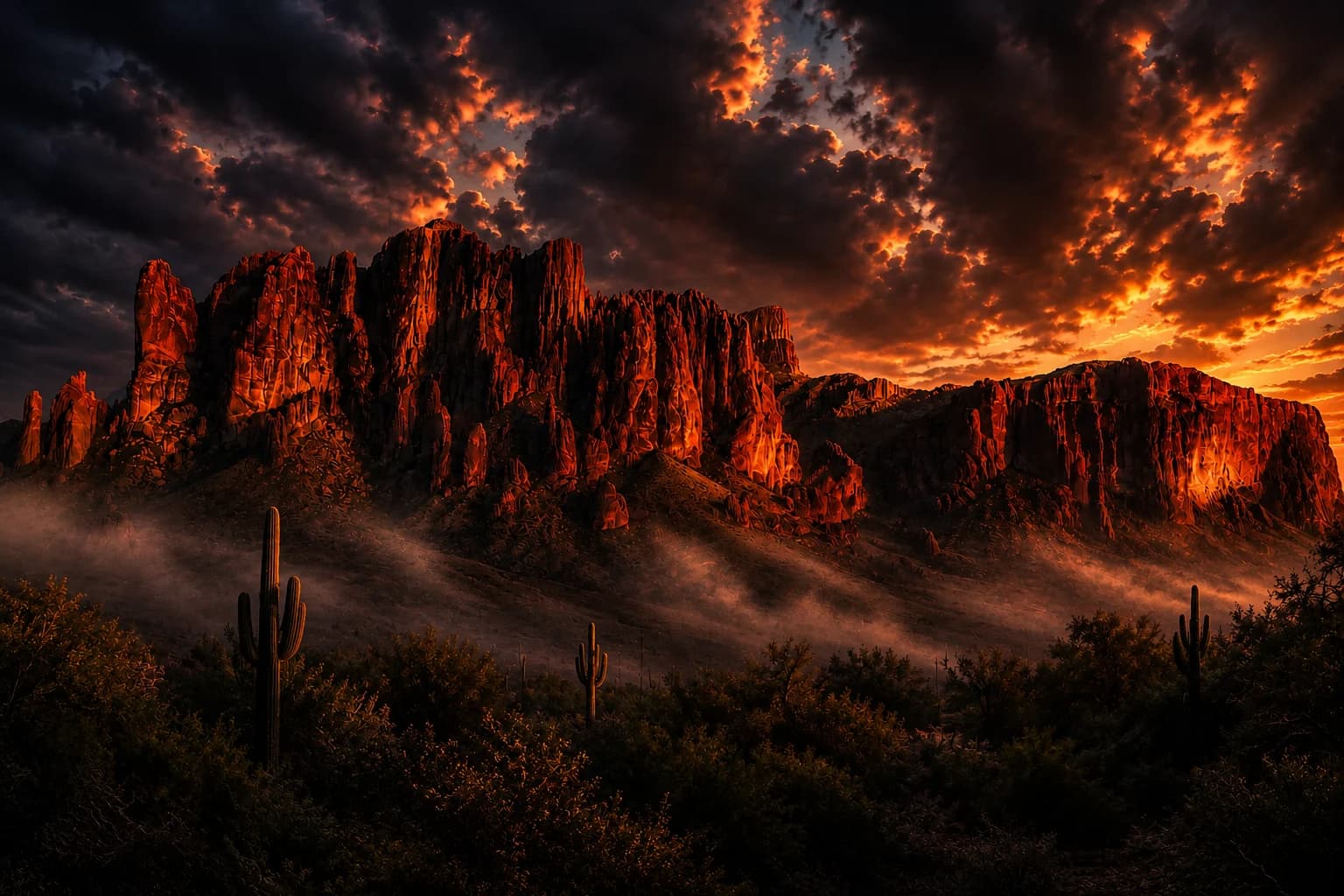 Las Superstition Mountains bajo un atardecer ardiente