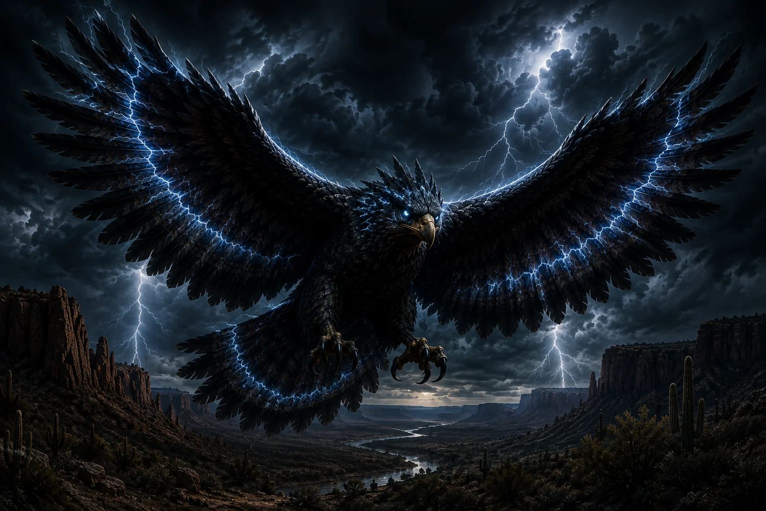 Illustration of the Thunderbird over an Arizona canyon in a lightning storm