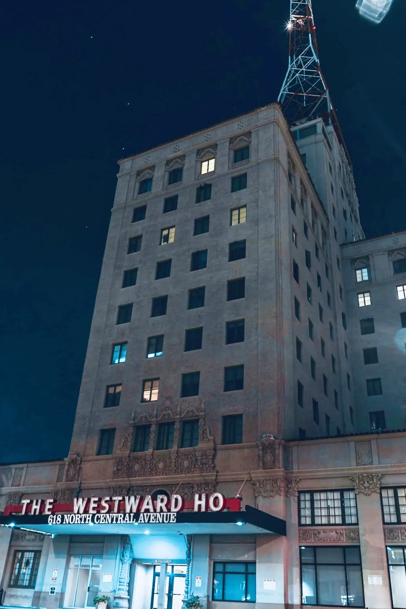 Westward Ho building, downtown Phoenix, at night